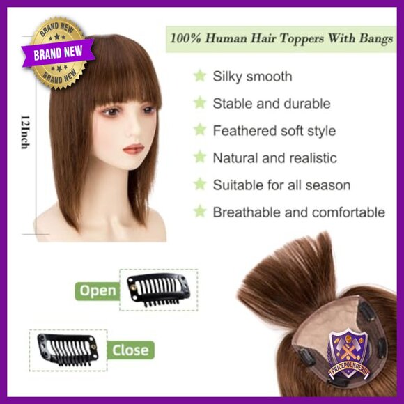 Human Hair Topper with Bangs 12 Inch Straight Silk Base Clip In Hairpiece